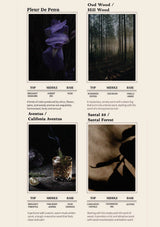 Product display with images and descriptions of different scents on a beige background