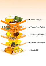 Hierarchical display of various oils with corresponding labels on a beige background