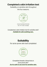 Certification and test completion details for skin irritation and suitability on sensitive skin, with a focus on safety and suitability for acne-prone skin.