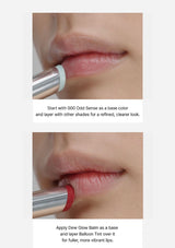 Lipstick application on lips with text instructions on a white background