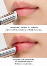 Lipstick application on lips with text instructions on a white background