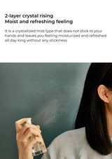 Person using a crystalized mist product with text describing its moisturizing and refreshing properties.