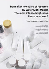 Cosmetic bottles and packaging on a white surface with promotional text about Vely Vely Glass Skin Cream.