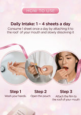 Instructional graphic for a daily oral care film, showing how to use the product with three circular photos of hands and a woman applying the film to the roof of her mouth. The graphic includes text stating 'HOW TO USE' and 'Daily Intake: 1 ~ 4 sheets a day' on a soft pink background.