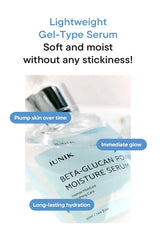 IUNIK Beta-Glucan Powder Moisture Serum bottle with text highlighting serum benefits on a white background