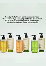 Row of Nearby Body Care containers with text about eco-friendly packaging.