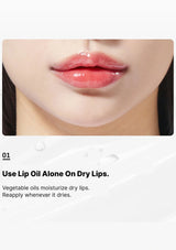 Close-up of lips with lip oil applied, text on a white background