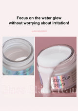 Glass Skin Cream jar with cream being squeezed out on a pink background