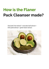 Avocados and lime in a bowl with text about Flaner Pack Cleanser ingredients on a white background