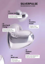 Heart-shaped silver product with text on a purple background, featuring Silverpulse branding.
