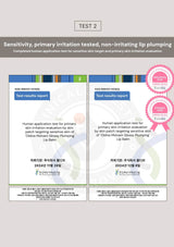 Two test result reports for a lip balm with approval badges on a gray background.