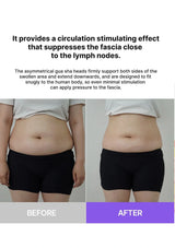 Before and after comparison of a person wearing black shorts on a plain background with text about circulation and fascia.
