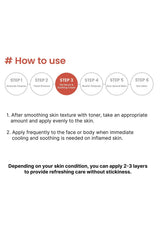 Instruction diagram showing a six-step skincare routine labeled 'How to use' with Step 3 highlighted in red. The steps include Ampoule Cleanser, Facial Essence, Set Secrets & Skincare Cream, Muslim Ampoule, Essia Apricot Balin, and Sun lotion, with text instructions below on applying the products.