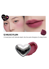 Lipstick with a close-up of lips wearing the shade, labeled '12 Muve Plum'.