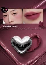 Lipstick with a close-up of lips wearing the shade, labeled '12 Muve Plum'.