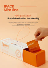 Fitany slim line product packaging with a hand taking a packet out of an orange box on a beige background.