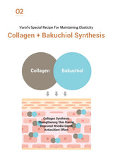 Diagram of collagen and bakuchiol synthesis with text about Varol's special recipe for maintaining elasticity.