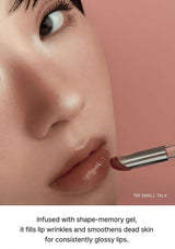 Close-up of a person applying lipstick with a text overlay about product features.