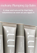 Row of molvany Plumping Lip Balm tubes with a promotional text on a gray background