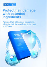 F:B Sleek Wax product with text about protecting hair damage on a blue background