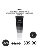 MBA Derma Scalp Black Turn Hair Pack with promotional text on a white background