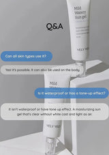 Two tubes of VELY VELY Mild Watery Sun gel with Q&A text on a gray background