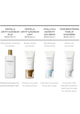 Collection of Centella sunscreens with product names and features on a white background