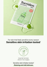 Torriden mask package on a green background with text about sensitive skin irritation testing.