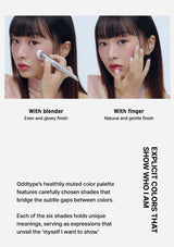 Two women applying makeup with a blender and finger, text about Oddtype's color palette.