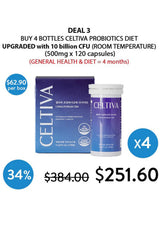 Promotional graphic for CELTIVA probiotics showing one blue box and one white bottle with a blue label, alongside text offering a deal to buy 4 bottles at $62.90 per box, upgraded with 10 billion CFU, with a 34% discount.