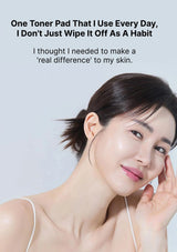 Woman with smooth skin against a light blue background with text about toner pads.