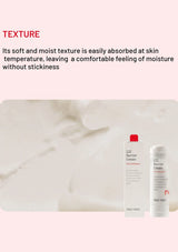 Two skincare products on a light pink background with text about texture