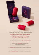 Red skincare product with packaging on a beige background, featuring text about spa expertise and premium ingredients.