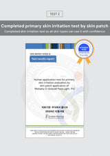 Test results report for completed primary skin irritation test by skin patch with a certification badge on a white background.