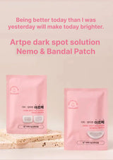 Pink patches with text about Artpe dark spot solution on a light background