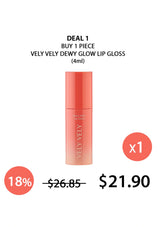 Velvety Dewy Glow Lip Gloss with promotional text on a white background