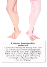 Two pairs of pink and beige compression stockings on a white background with text about wearing frequency.