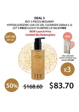 Promotional offer for Molvany skincare products with a bottle, cleansing pad, and lip balm on a white background.