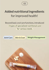 Text about added nutritional ingredients for improved health with a wooden board displaying supplements.