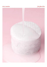 White round product on a pink background with text about skincare routines.