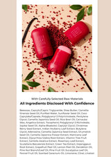 Two red containers with black sticks on a beige background with text about ingredients.