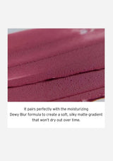 Close-up of a pink cosmetic product with text describing its texture and compatibility with another product.