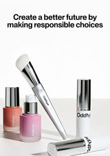 Cosmetic products with 'Oddhye' branding on a white background, accompanied by text about responsible choices.