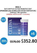Promotional graphic for CELTIVA probiotics showing one blue and white box and one white bottle with blue labels, alongside text advertising a deal for 6 bottles, 10 billion CFU, and pricing.