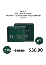 Molvany artichoke soothing acne pore toner pad packaging with promotional text on a white background