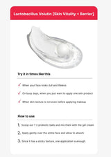 Product description card with Lactobacillus Volutin for skin vitality and barrier, featuring a gel cream and probiotic balls.