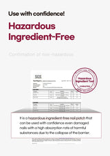 Advertisement for a hazardous ingredient-free nail patch with SGS test report and certification on a white background.