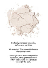 Powdered substance with text about pharmaceutical grade high purity kaolin on a white background
