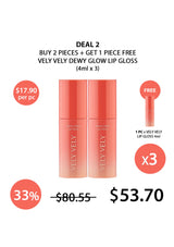 Promotional offer for VELY VELY Dewy Glow Lip Gloss with a discount on purchase.