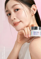 Woman holding a jar of 'Glass Skin Cream' against a pink background